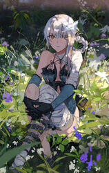  asymmetrical_hair bad_id bad_pixiv_id bandaged_arm bandaged_leg bandages bare_shoulders black_bow black_gloves bow braid braided_hair_rings commentary detached_sleeves female field flower flower_field frilled_sleeves frills gloves hair_flower hair_ornament hair_rings highres kaine_(nier) leg_warmers lingerie long_hair lunar_tear midriff_peek negligee nier nier_(series) orange_eyes otuming outdoors panties parted_lips single_leg_warmer sitting solo underwear white_hair white_panties 