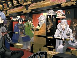  6+boys :t ;d ^_^ absurdres aizen_kunitoshi bento black_gloves black_hair blue_eyes brown_hair card chopsticks closed_eyes commentary_request curtains eating fox_shadow_puppet gloves green_eyes grey_hair hakama hakama_skirt hat hataya highres hood hotarumaru ima-no-tsurugi ishikirimaru iwatooshi japanese_clothes kogitsunemaru male_focus mikazuki_munechika multiple_boys one_eye_closed ookurikara open_mouth orange_hair partially_fingerless_gloves playing_card pom_pom_(clothes) red_eyes red_hair sitting skirt smile touken_ranbu train_interior tsurumaru_kuninaga uno_(game) v white_hair window yamanbagiri_chougi 