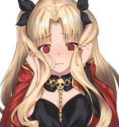  @_@ asymmetrical_sleeves bao_(s_888) black_ribbon blonde_hair breasts cloak commentary_request detached_collar ereshkigal_(fate) fate/grand_order fate_(series) female frown hair_ribbon hands_on_own_face highres holding holding_own_hair hood hood_down hooded_cloak jewelry long_hair looking_down parted_bangs red_cloak red_eyes ribbon simple_background single_sleeve skull solo two_side_up wavy_mouth white_background 