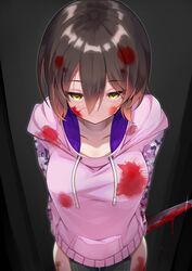  absurdres blood blood_in_hair blood_on_clothes blood_on_face blood_on_knife blood_on_leg blood_stain blush breasts brown_hair camouflage commentary cowboy_shot doorway drawstring female hair_between_eyes highres holding holding_knife hololive hood hoodie knife knife_behind_back large_breasts light_smile looking_at_viewer official_alternate_costume pink_hoodie roboco-san roboco-san_(hoodie) satobitob solo thighs tsurime virtual_youtuber yandere yellow_eyes 