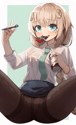  blonde_hair blue_eyes blue_skirt blush braid breasts can candy chocolate chocolate_bar clothes_lift collared_shirt commentary_request cowboy_shot crotch female fnc_(girls&#039;_frontline) food girls&#039;_frontline green_background green_necktie grin groin hair_ornament highres holding holding_can korean_commentary lemures long_hair looking_at_viewer mechanical_pencil medium_breasts milk mouth_hold necktie pantyhose pencil pencil_skirt see-through shirt sitting skirt skirt_lift smile solo spread_legs thighband_pantyhose white_shirt 