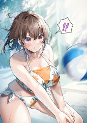  ! :t beach_volleyball bikini blush brown_hair closed_mouth commentary_request female hair_between_eyes hawawa-chan_(shiro_kuma_shake) highres leaf_print medium_hair original pout print_bikini purple_eyes side-tie_bikini_bottom sirokuma_shake solo spoken_exclamation_mark standing swimsuit volleyball white_bikini 