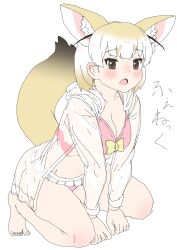  absurdres alternate_costume animal_ears bare_legs barefoot bikini blonde_hair blush bow brown_eyes extra_ears female fennec_(kemono_friends) fox_ears fox_girl fox_tail frilled_bikini frills hair_between_eyes highres hood hood_down hoodie kemono_friends kneeling kumasyan1998 long_sleeves midriff multicolored_hair open_clothes open_hoodie open_mouth pink_bikini see-through short_hair sidelocks solo swimsuit tail translation_request white_hair white_hoodie yellow_bow 