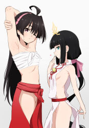  2girls ahoge armpits bell black_hair blue_eyes breasts cowboy_shot donutman hakama hand_up highres hip_vent japanese_clothes jingle_bell long_hair mochizuki_ayako multiple_girls nige_jouzu_no_wakagimi red_hakama shizuku_(nige_jouzu_no_wakagimi) sideboob sidelocks small_breasts tiara very_long_hair white_background 