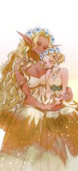  2girls arm_tattoo blonde_hair bracelet breasts closed_eyes dark-skinned_female dark_skin dress head_wreath highres jewelry large_breasts leaning_on_person long_hair multiple_girls necklace pointy_ears princess_zelda seusojeldaleul-wihaejug-eum sitting sonia_(zelda) strapless strapless_dress tattoo the_legend_of_zelda the_legend_of_zelda:_tears_of_the_kingdom triforce_print very_long_hair wavy_hair white_dress 