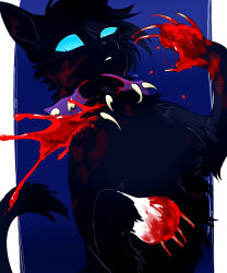  absurdres animal animal_focus black_cat black_fur blood blood_on_face blue_background blue_eyes border claws collar commentary_request feline highres nikunan no_humans partial_commentary pawpads purple_collar scourge_(warrior_cats) simple_background slit_pupils solo spiked_collar spikes tail the_prophecies_begin warrior_cats whiskers white_border 