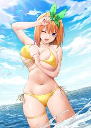  ;d absurdres bikini blue_eyes blue_sky breasts commentary_request criss-cross_halter female front-tie_bikini_top front-tie_top go-toubun_no_hanayome green_ribbons hair_between_eyes halterneck highres kosmos_beta large_breasts looking_at_viewer medium_hair nakano_yotsuba navel ocean one_eye_closed open_mouth orange_hair outdoors partial_commentary ribbon side-tie_bikini_bottom sky smile solo swimsuit thigh_strap wading yellow_bikini 