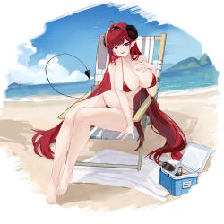  absurdres arm_support asymmetrical_bangs azur_lane bare_arms bare_legs bare_shoulders barefoot beach beach_chair beach_towel bikini black_hairband breasts cleavage cloud collarbone cooler cowlick curled_horns demon_girl demon_horns demon_tail female full_body hairband hand_on_own_chest highres hindenburg_(azur_lane) horns ice long_hair long_pointy_ears mountain nail_polish open_mouth outdoors pointy_ears purple_eyes red_bikini red_hair sand shadow sitting sky slit_pupils soda_bottle solo string_bikini suo_bu_ye_feng swimsuit tail toes towel towel_on_legs very_long_hair 