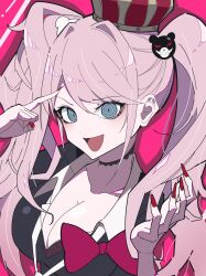  bear_hair_ornament black_bra black_shirt blonde_hair bow bra breasts choker cleavage collarbone crown danganronpa:_trigger_happy_havoc danganronpa_(series) enoshima_junko female hair_ornament highres large_breasts long_hair looking_at_viewer nail_polish necktie phare_(spring_ha1ru) pink_background red_bow red_nails shirt shirt_bow skirt smile solo twintails underwear 