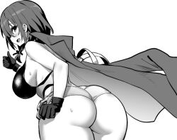  ass azur_lane azur_lane:_slow_ahead black_gloves breasts coat female from_behind gloves greyscale hori_(hori_no_su) huge_ass huge_breasts looking_back medium_hair monochrome official_alternate_costume open_mouth pittsburgh_(azur_lane) sideboob simple_background solo thumbs_up white_background 