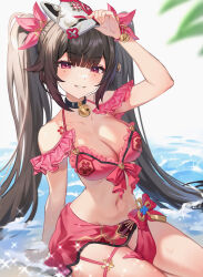  arm_support bell bikini blunt_bangs blush bow breasts brown_hair collarbone commentary_request female flower_tattoo fox_mask highres holding holding_mask honkai:_star_rail honkai_(series) leaf long_hair looking_at_viewer mark_under_both_eyes mask mask_on_head medium_breasts neck_bell obu_(da1103ll) partially_submerged pink_bikini pink_bow purple_eyes red_bow ribbon seiza sitting smile solo sparkle_(honkai:_star_rail) swimsuit tattoo thigh_strap twintails very_long_hair water yellow_ribbon 