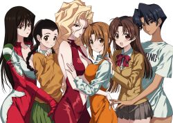  6+girls :d absurdres apron biker_clothes black_hair blonde_hair bodysuit breasts brown_eyes brown_hair commentary_request everyone golden_boy hair_between_eyes hayami_ayuko highres kanzaki_yuka katsuda_naoko long_hair looking_at_viewer medium_breasts multiple_girls navel nikyuppa noriko_(golden_boy) onna_shachou school_uniform shirt short_hair smile swimsuit swimsuit_under_clothes terayama_reiko white_shirt 