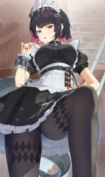  absurdres auui black_hair black_pantyhose breasts candy commentary_request ellen_joe female fingernails fins fish_tail food highres holding holding_candy holding_food holding_lollipop lollipop looking_at_viewer maid maid_headdress medium_breasts multicolored_hair nail_polish open_mouth pantyhose pink_hair red_nails shark_girl shark_tail short_hair solo tail two-tone_hair zenless_zone_zero 