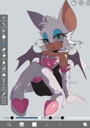  animal_ears aqua_eyes art_program_in_frame ass bat_ears bat_girl bat_wings blue_eyeshadow boots breasts cleavage commentary elbow_gloves english_commentary eyeshadow female furry furry_female gloves grey_background heart highres kumothz large_breasts lipstick makeup open_mouth parted_lips pink_lips rouge_the_bat simple_background sitting sonic_(series) thigh_boots white_footwear white_fur white_gloves wings 