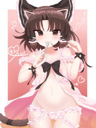  alternate_costume animal_ears babydoll benikurage_(cookie) black_bow black_bowtie blush bow bowtie brown_eyes brown_hair cat_ears cat_girl cat_tail closed_mouth commentary_request cookie_(touhou) cowboy_shot drawn_ears drawn_whiskers female flat_chest frilled_babydoll frilled_bow frilled_hair_tubes frilled_panties frills gradient_background gyaku_(kuriya) hair_tubes hairbow hakurei_reimu highres holding holding_spoon kemonomimi_mode looking_at_viewer medium_bangs navel panties parted_bangs pink_babydoll pink_background pink_panties sidelocks smile solo spoon tail touhou underwear 