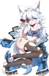  :t absurdres animal_ears bandaged_leg bandages black_thighhighs blue_eyes blue_jacket borrowed_character breasts camisole chocolate chocolate_on_body chocolate_on_legs collar crop_top eating eyepatch female food food_on_body food_on_face fork fox_ears fox_girl fox_tail full_body grey_camisole highres jacket koe_neko_(wmfj2858) multicolored_hair multiple_scars navel original red_collar red_hair scar scar_across_eye spiked_collar spikes stirrup_legwear stomach strap_slip streaked_hair sweets tail thighhighs toeless_legwear torn_clothes torn_thighhighs unworn_jacket white_hair 