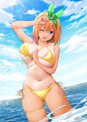  ;d absurdres bikini blue_eyes blue_sky breasts commentary criss-cross_halter female front-tie_bikini_top front-tie_top go-toubun_no_hanayome green_ribbons hair_between_eyes halterneck highres kosmos_beta large_breasts looking_at_viewer medium_hair nakano_yotsuba navel ocean one_eye_closed open_mouth orange_hair outdoors ribbon side-tie_bikini_bottom sky smile solo swimsuit tan tanlines thigh_strap wading yellow_bikini 