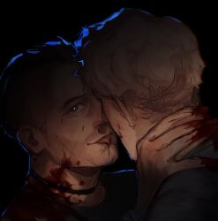  2boys black_background black_choker black_shirt blonde_hair blood blood_on_face blood_on_neck brown_eyes brown_hair call_of_duty call_of_duty:_modern_warfare_2 choker couple ghost_(modern_warfare_2) hand_on_another&#039;s_neck highres kissing looking_at_viewer male_focus mohawk multiple_boys shirt short_hair simple_background soap_(modern_warfare_2) tb_png tongue tongue_out yaoi 