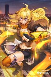  ahoge artist_name belt black_footwear black_gloves black_shorts blonde_hair boots breasts brown_belt cleavage female fire gauntlets gloves hybridmink long_hair looking_at_viewer midriff navel orange_scarf orange_thighhighs patreon_username purple_eyes rwby scarf shirt shorts smile solo thighhighs waist_cape yang_xiao_long yellow_shirt 