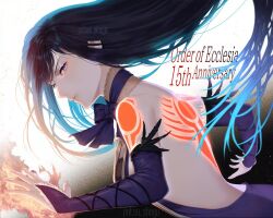  backless_outfit bare_shoulders black_hair blue_eyes bridal_gauntlets castlevania:_order_of_ecclesia castlevania_(series) dress female goth_fashion long_hair looking_at_viewer potsupostu52 shanoa_(castlevania) simple_background solo tattoo very_long_hair 