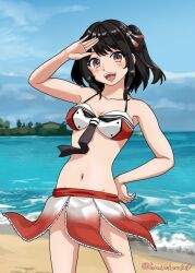  absurdres adapted_costume beach bikini bikini_skirt black_hair breasts brown_eyes cowboy_shot day female hair_ornament hand_on_own_hip highres kantai_collection looking_at_viewer medium_breasts navel ocean open_mouth outdoors round_teeth salute sendai_(kancolle) sendai_kai_ni_(kancolle) short_hair solo sorairo_haruka standing swimsuit teeth two_side_up upper_teeth_only 