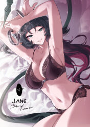  absurdres animal_ears armpits arms_up bare_shoulders black_hair bra breasts brown_bra brown_panties cleavage cuffs female grey_eyes grin handcuffs highres jane_doe_(zenless_zone_zero) large_breasts long_hair looking_at_viewer mouse_ears mouse_girl mouse_tail navel panties salmon88 smile solo tail thighs underwear zenless_zone_zero 