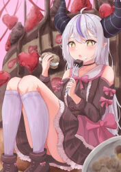  +_+ absurdres ahoge alternate_costume black_choker black_dress black_footwear blush bow bowtie choker commentary_request demon_girl demon_horns detached_sleeves dress female food food_on_face fork frilled_dress frills fruit grey_hair heart highres holding holding_food holding_fork hololive horns kneehighs knees_together_feet_apart knees_up la+_darknesss long_hair long_sleeves multicolored_hair oerba_yun_fang pink_bow pink_bowtie pointy_ears purple_hair sitting skin_fang socks solo strawberry streaked_hair striped_horns user_juhv8242 valentine virtual_youtuber white_socks yellow_eyes 