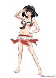  absurdres adapted_costume bikini bikini_skirt black_hair breasts brown_eyes female full_body hair_ornament hand_on_own_hip highres kantai_collection looking_at_viewer medium_breasts navel open_mouth round_teeth salute sendai_(kancolle) sendai_kai_ni_(kancolle) short_hair solo sorairo_haruka swimsuit teeth two_side_up upper_teeth_only 