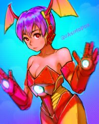  armor breasts cosplay darkstalkers female gloves head_wings highres iron_man iron_man_(cosplay) lilith_(darkstalkers) marvel marvel_vs._capcom power_armor purple_hair quasimodox red_eyes short_hair simple_background solo wings 