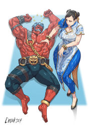  1boy absurdres after_battle anklet barefoot blue_pants bracelet breasts chinese_clothes chun-li cirenk cleavage colored_skin double_bun female flats hair_bun hair_ribbon hakan highres jewelry muscular muscular_male oiled pants red_skin ribbon seeing_stars street_fighter street_fighter_6 street_fighter_iv_(series) topless_male unconscious wet wet_clothes wince 