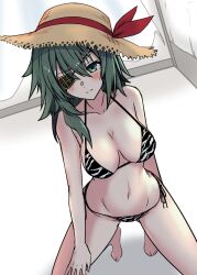  absurdres animal_print barefoot bikini breasts brown_hat eyepatch female hat highres kantai_collection kiso_(kancolle) kiso_kai_ni_(kancolle) kiso_kai_ni_(swimsuit_mode)_(kancolle) kneeling medium_breasts navel official_alternate_costume shiba_(zudha) side-tie_bikini_bottom solo straw_hat swimsuit white_bikini zebra_print 