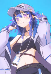  absurdres badge belt black_pants blue_background blue_hair breasts button_badge choker cleavage ear_piercing earrings female hands_in_own_hair hat hat_ornament highres indie_virtual_youtuber jacket jewelry lanyard lightning_bolt_symbol long_hair long_sleeves navel oerba_yun_fang okosan_(pixiv) open_clothes open_jacket pants piercing purple_eyes skin_fang small_breasts standing white_hat yuccho 