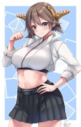  absurdres adapted_costume ahoge belt black_skirt blue_background blue_eyes blush breasts brown_hair cropped_jacket female flipped_hair hairband hand_on_own_hip headgear hiei_(kancolle) hiei_kai_ni_(kancolle) highres kantai_collection large_breasts long_hair long_sleeves looking_at_viewer mashiro_yukiya midriff navel official_alternate_costume race_queen short_hair skirt smile solo white_background 