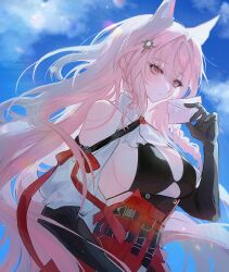  animal_ears arknights black_dress black_gloves blue_sky breasts closed_mouth dress elbow_gloves female gae_tteok00 gloves hair_ornament holding holding_letter large_breasts letter long_hair pink_hair pozyomka_(arknights) red_eyes sideboob sky solo upper_body wolf_ears wolf_girl 