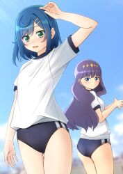  2girls ass blue_buruma blue_eyes blue_hair blue_sky buruma cloud commission day delicious_party_precure fuwa_kokone green_eyes gym_shirt gym_uniform hair_ornament hairclip kasai_amane long_hair multiple_girls outdoors precure purple_hair shibacha shirt short_hair skeb_commission sky t-shirt thigh_gap white_shirt 