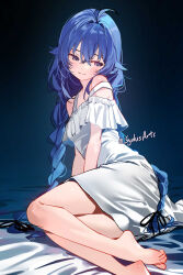  artist_name barefoot bed blue_background blue_eyes blue_hair braid commentary crossed_bangs dress english_commentary feet female highres long_hair looking_at_viewer looking_to_the_side lying mushoku_tensei off-shoulder_dress off_shoulder on_bed on_side paid_reward_available patreon_username roxy_migurdia solo strap_slip sydus thighs toes twin_braids very_long_hair white_dress 