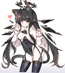  alternate_costume animal_ears arknights bare_shoulders black_eyes black_hair black_leotard black_thighhighs breasts broken_halo cat_ears cat_tail closed_mouth cowboy_shot detached_collar detached_wings energy_wings female godgamesc2 halo hands_up heart highres korean_commentary leotard long_hair looking_at_viewer mole mole_under_eye playboy_bunny simple_background solo strapless strapless_leotard tail thighhighs tongue tongue_out virtuosa_(arknights) white_background wings wrist_cuffs 