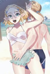  1boy beach bikini blonde_hair blue_shorts braid commentary_request cowboy_shot crown_braid female from_behind green_bikini green_eyes hair_ornament hairclip hand_on_another&#039;s_stomach hand_on_headwear hat highres link mismatched_bikini open_mouth oshinomiya pointy_ears princess_zelda short_hair short_ponytail shorts sidelocks smile straight straw_hat swimsuit teeth the_legend_of_zelda the_legend_of_zelda:_tears_of_the_kingdom topless_male upper_teeth_only white_bikini 