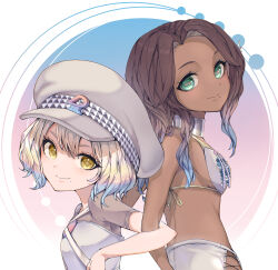  +_+ 2girls absurdres back-to-back bikini bikini_top_only blonde_hair blue_hair breasts brown_hair cephalopod_eyes choker colored_tips dark-skinned_female dark_skin double-parted_bangs gradient_hair green_eyes hair_between_eyes hat height_difference highres hip_vent horizontal_pupils humanization locked_arms long_hair looking_at_viewer marina_(splatoon) medium_hair mikushu394 multicolored_hair multiple_girls official_alternate_costume pearl_(splatoon) pink_hair sideboob smile splatoon_(series) splatoon_3 swimsuit yellow_eyes 