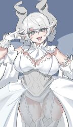  blue_background breasts cleavage cowboy_shot demon_girl demon_horns demon_wings detached_sleeves dress drill_hair duel_monster earrings female garter_straps gloves grey_eyes grey_hair highres horns itoama_030 jewelry large_breasts leotard lovely_labrynth_of_the_silver_castle medium_hair pointy_ears see-through see-through_dress simple_background solo strapless strapless_dress transparent_wings twin_drills white_dress white_gloves white_leotard white_sleeves white_wings wings yu-gi-oh! 