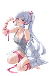  absurdres arm_up bare_shoulders blue_eyes breasts cherry cleavage collarbone commentary_request female food fruit full_body genshin_impact grey_hair grey_tank_top hair_ribbon highres holding holding_food jacket kamisato_ayaka long_hair long_sleeves lunacle medium_breasts nail_polish off_shoulder open_clothes open_jacket parted_lips pink_nails pink_ribbon ponytail puffy_long_sleeves puffy_sleeves ribbon simple_background sleeves_past_wrists solo tank_top very_long_hair white_background white_jacket 