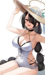  absurdres bare_shoulders black_hair blue_archive blush braid braided_ponytail breasts choker cleavage collarbone female hair_over_one_eye halo hat highres hinata_(blue_archive) hinata_(swimsuit)_(blue_archive) lamp_p9 large_breasts long_hair looking_at_viewer one-piece_swimsuit open_mouth red_eyes smile solo sun_hat swept_bangs swimsuit thighs white_one-piece_swimsuit yellow_hat 