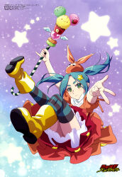  absurdres ankle_boots arms_up blue_background blue_hair blue_thighhighs boots closed_mouth dress expressionless female floating full_body gradient_background green_eyes hair_ornament hat highres holding holding_wand layered_dress light_blush looking_at_viewer magazine_scan medium_hair megami_magazine monogatari_(series) official_art ononoki_yotsugi orange_dress orange_hat parted_bangs petticoat pointy_ears puffy_short_sleeves puffy_sleeves purple_background red_dress rubber_boots scan shoe_soles short_dress short_eyebrows short_sleeves solo star_(symbol) star_hair_ornament starry_background striped_clothes striped_thighhighs thick_eyebrows thighhighs translation_request twintails w wand yellow_footwear 