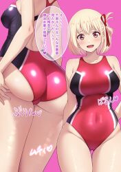  :d absurdres arms_behind_back ass ass_focus black_one-piece_swimsuit blonde_hair blush breasts collarbone commentary_request covered_navel female from_behind hair_ribbon highres large_breasts looking_at_viewer lycoris_recoil mibushiro multiple_views nishikigi_chisato one-piece_swimsuit open_mouth pink_background red_one-piece_swimsuit red_ribbon ribbon short_hair simple_background smile speech_bubble standing swimsuit tongue translation_request two-tone_one-piece_swimsuit 