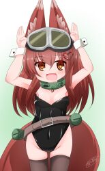  :d animal_ear_fluff animal_ears armpits arms_up belt belt_buckle black_leotard blush breasts brown_belt brown_eyes brown_hair buckle commentary_request covered_navel female fox_ears fox_girl fox_tail goggles goggles_on_head gradient_background green_background hair_between_eyes hair_ornament heart heart_hair_ornament kanijiru leotard long_hair military_vehicle motor_vehicle oerba_yun_fang original playboy_bunny small_breasts smile solo strapless strapless_leotard tail tank type_3_chi-nu very_long_hair white_background 