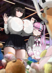  2girls ;3 absurdres against_glass animal_ears aqua_hair black_bow black_bowtie black_hair black_skirt blurry blurry_foreground bow bowtie bra_visible_through_clothes breast_press breasts breasts_on_glass buttons crane_game fake_animal_ears fang_out hair_ornament headset heart highres huge_breasts indoors iro_(boo_iro) long_hair long_sleeves miniskirt multicolored_bow multicolored_bowtie multicolored_clothes multicolored_hair multicolored_sweater multiple_girls oerba_yun_fang one_eye_closed original panties pantyshot pink_bow pink_bowtie pink_eyes pink_hair pleated_skirt red_eyes see-through semi-rimless_eyewear shirt short_hair side_ponytail skirt streaked_hair stuffed_animal stuffed_toy sweater under-rim_eyewear underwear white_panties white_shirt white_sweater 