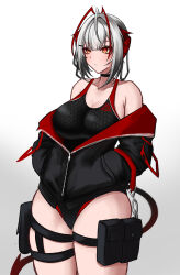  absurdres antenna_hair antennae arknights black_choker black_jacket black_one-piece_swimsuit black_tail breasts choker cleavage competition_swimsuit demon_girl demon_horns demon_tail diamond_(shape) eyeshadow female full-length_zipper gradient_tail grey_hair hands_in_pockets hexagon_print highres horns jacket large_breasts long_sleeves looking_at_viewer makeup multicolored_clothes multicolored_swimsuit multicolored_tail multiple_thigh_straps myb52 one-piece_swimsuit orange_eyes pouch red_eyes red_eyeshadow red_horns red_jacket red_one-piece_swimsuit red_tail short_hair short_hair_with_long_locks simple_background solo swimsuit symbol-shaped_pupils tail thigh_pouch two-tone_swimsuit w_(arknights) white_background zipper 