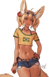  ahoge animal_ear_fluff animal_ears arm_at_side artist_name bead_necklace beads belly_chain bikini bikini_under_clothes black_bikini blonde_hair bracelet brazilian_flag_print brazilian_miku brazilian_miku_(cosplay) brown_eyes collarbone contrapposto cosplay cowboy_shot cutoffs exposed_pocket eyewear_on_head female flat_chest flower fox_ears fox_girl fox_tail green_nails hair_between_eyes hair_flower hair_ornament hand_on_own_hip hatsune_miku highres jewelry khiara_(personal_ami) looking_at_viewer medium_hair micro_shorts midriff multicolored_nails nail_polish navel necklace off_shoulder open_clothes open_shorts original parted_lips personal_ami rectangular_earrings shirt short_sleeves shorts shorts_tan simple_background slit_pupils smile solo sunglasses swimsuit tail tan tanline_peek tanlines thigh_gap twintails white-framed_eyewear white_background yellow_nails yellow_shirt 