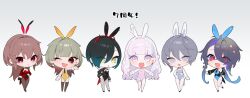  6+girls alternate_costume animal_ears azur_lane bellona_(azur_lane) black_gloves black_hair black_leotard black_necktie blue_hair blue_leotard breasts brown_hair brown_pantyhose brown_thighhighs chibi chibi_only detached_collar duca_degli_abruzzi_(azur_lane) ear_piercing eyes_visible_through_hair fake_animal_ears fishnet_pantyhose fishnets foch_(azur_lane) giuseppe_garibaldi_(azur_lane) gloves gradient_hair green_hair grey_background grey_eyes grey_hair hair_between_eyes hair_over_one_eye highres horns leotard long_hair long_sleeves looking_at_viewer multicolored_hair multiple_girls necktie oerba_yun_fang ohisashiburi one_eye_closed open_mouth pantyhose piercing pink_eyes pink_hair pink_leotard playboy_bunny plymouth_(azur_lane) purple_leotard rabbit_ears red_eyes red_hair red_horns red_leotard simple_background sleeve_cuffs slit_pupils strapless strapless_leotard thighhighs two-tone_hair ulrich_von_hutten_(azur_lane) white_pantyhose wrist_cuffs yellow_eyes yellow_leotard 