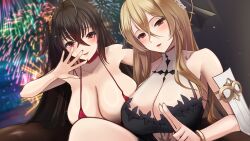  2girls absurdres aerial_fireworks alternate_costume azur_lane bare_shoulders black_hair blonde_hair breasts choker cocktail_dress collarbone commentary_request dress evening_gown ex_saki fireworks hair_between_eyes highres huge_breasts implacable_(azur_lane) long_hair long_hair_between_eyes looking_at_viewer multiple_girls official_alternate_costume red_choker red_dress red_eyes see-through taihou_(azur_lane) taihou_(forbidden_feast)_(azur_lane) very_long_hair 